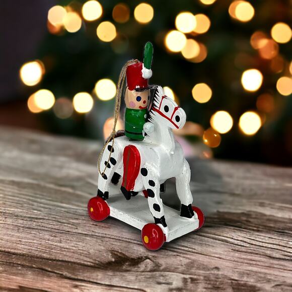 Vintage Wooden Christmas Ornament Toy Soldier on a Rolling Horse - Picture 9 of 9